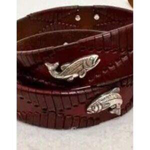 Brighton Belt Mens Size 36 Brown Woven Leather Fishing Accents Silver Tone